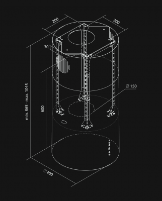 Вытяжка островная Cylindro Lux Black Matt - Черный мат - Rysunek techniczny