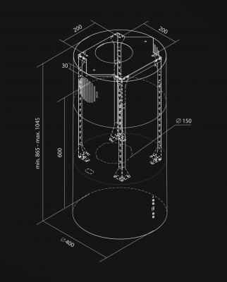 Вытяжка островная Cylindro 4LED Black Matt - Черный мат - Rysunek techniczny