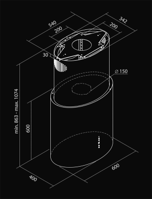 Вытяжка островная Oval Black Matt - Черный мат - Rysunek techniczny