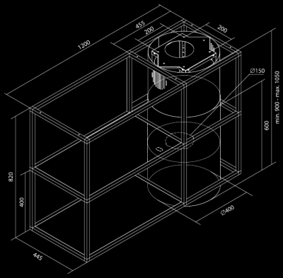 Вытяжка островная Tubo Cage Asymmetric Glass Black Matt - Черный мат - Rysunek techniczny