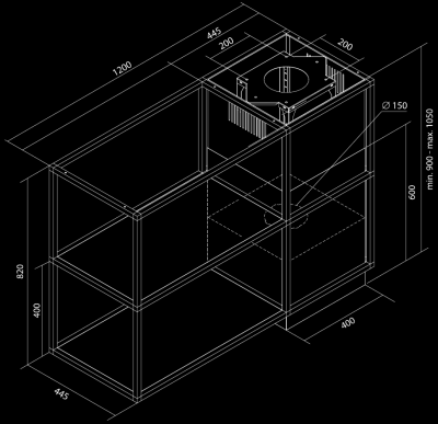 Вытяжка островная Quadro Cage Asymmetric Wood Black Matt - Черный мат - Rysunek techniczny