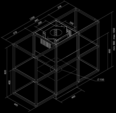 Вытяжка островная Quadro Cage Central Glass Black Matt - Черный мат - Rysunek techniczny