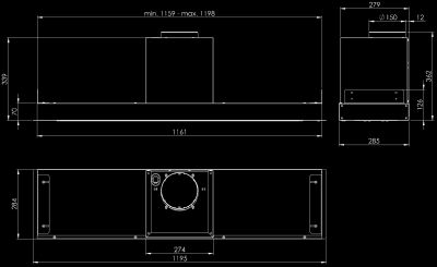 Вытяжка встраиваемая Micra Black Matt 120 cm - Черный мат - Rysunek techniczny 2