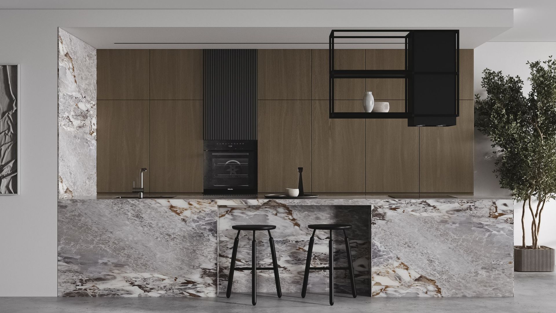 Вытяжка островная Quadro Cage Asymmetric Glass Black Matt - Черный мат - Визуализации