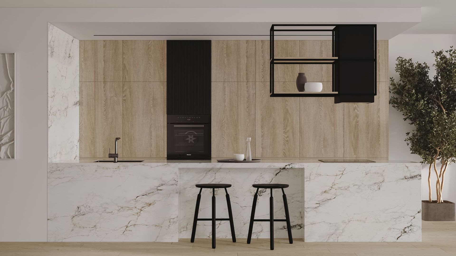 Вытяжка островная Quadro Cage Asymmetric Wood Black Matt - Черный мат - Визуализации