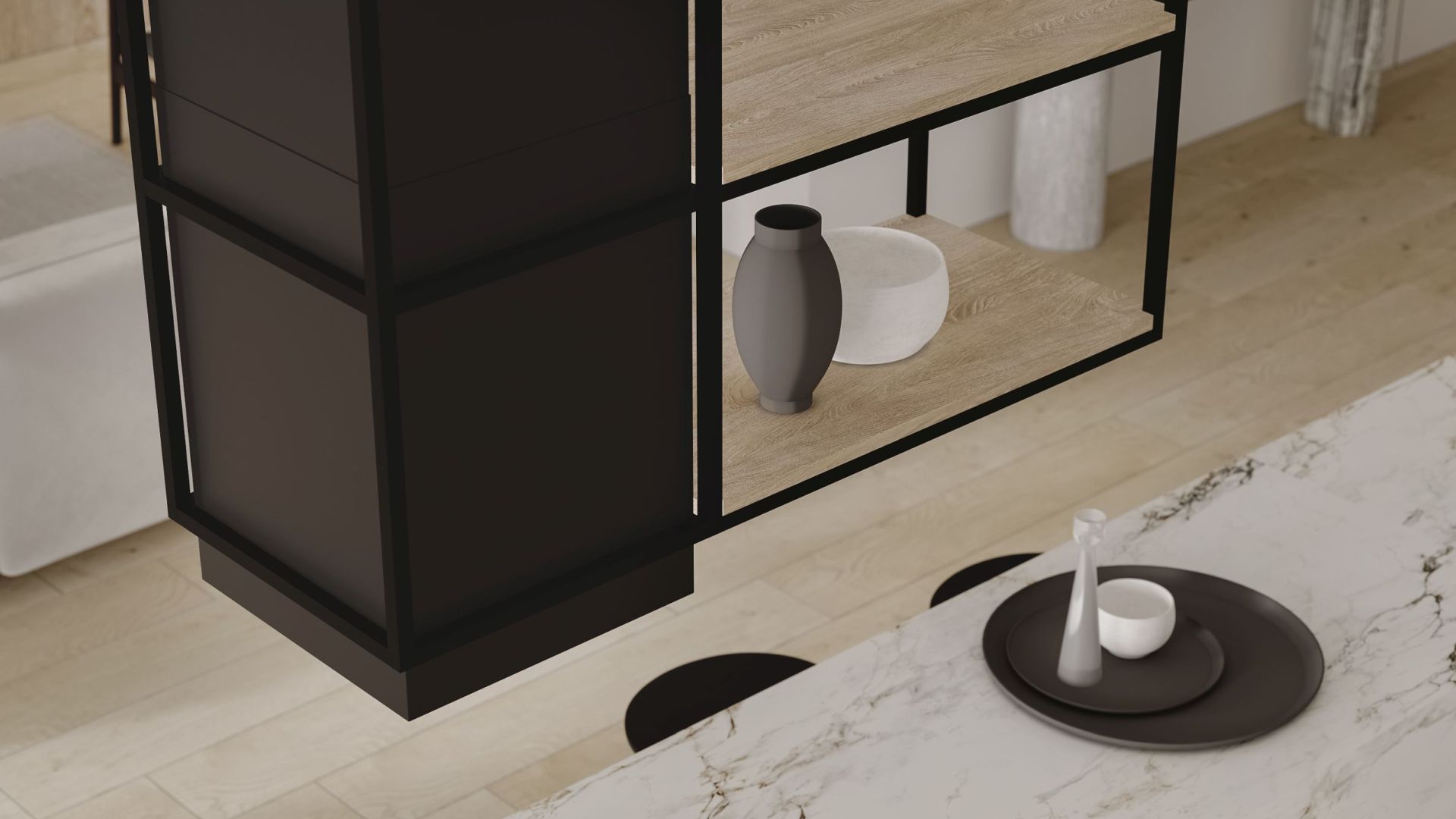 Вытяжка островная Quadro Cage Asymmetric Wood Black Matt - Черный мат - Визуализации 2