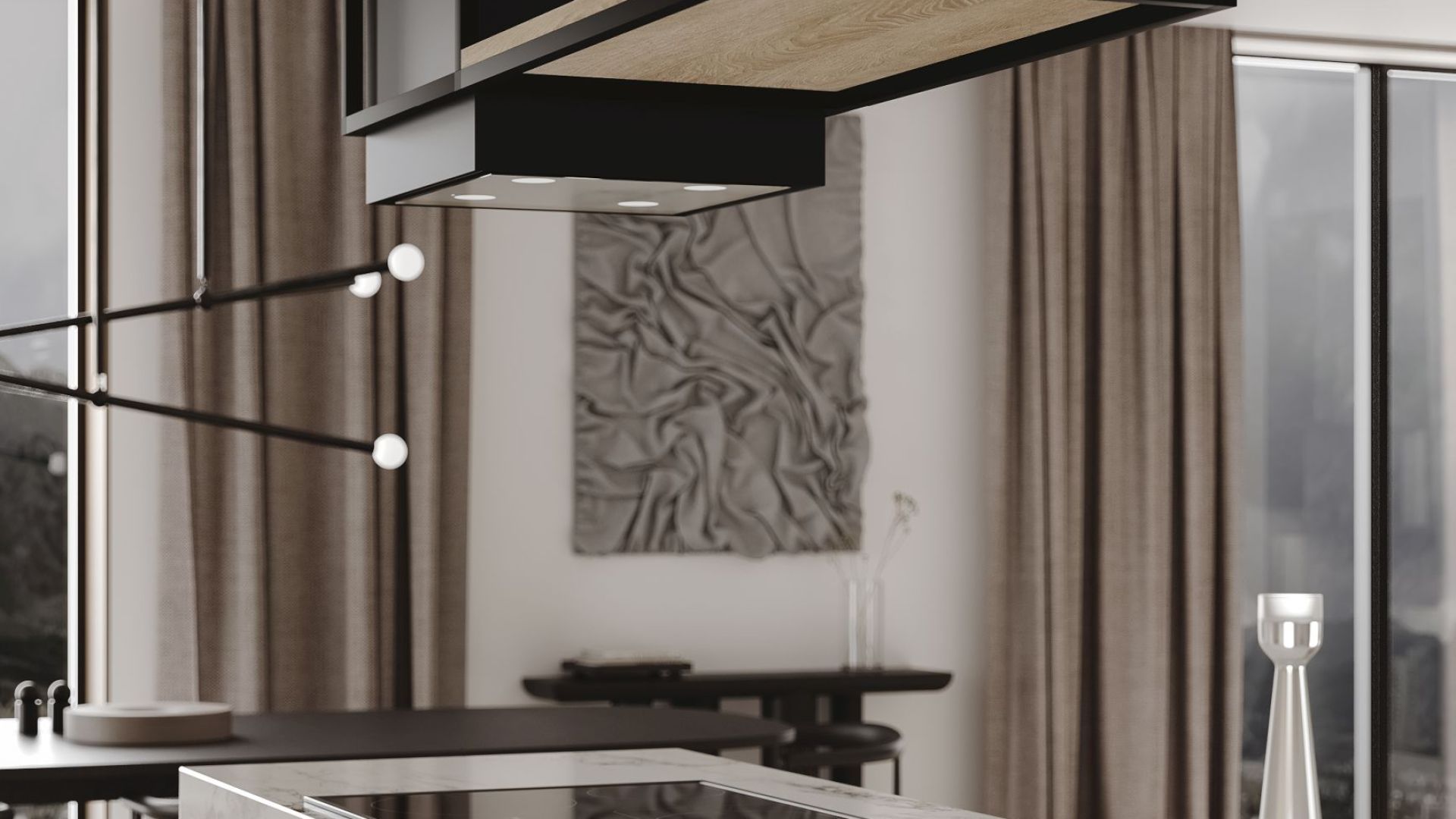 Вытяжка островная Quadro Cage Asymmetric Wood Black Matt - Черный мат - Визуализации 3