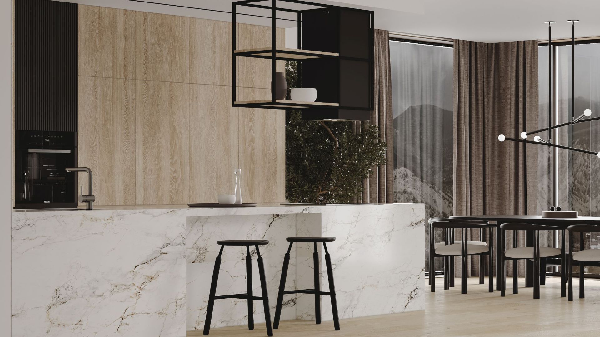 Вытяжка островная Quadro Cage Asymmetric Wood Black Matt - Черный мат - Визуализации 4